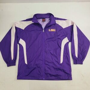 Genuine Stuff Men's Purple LSU Full Zip Roll Up Hood Windbreaker Jacket Sz L EUC